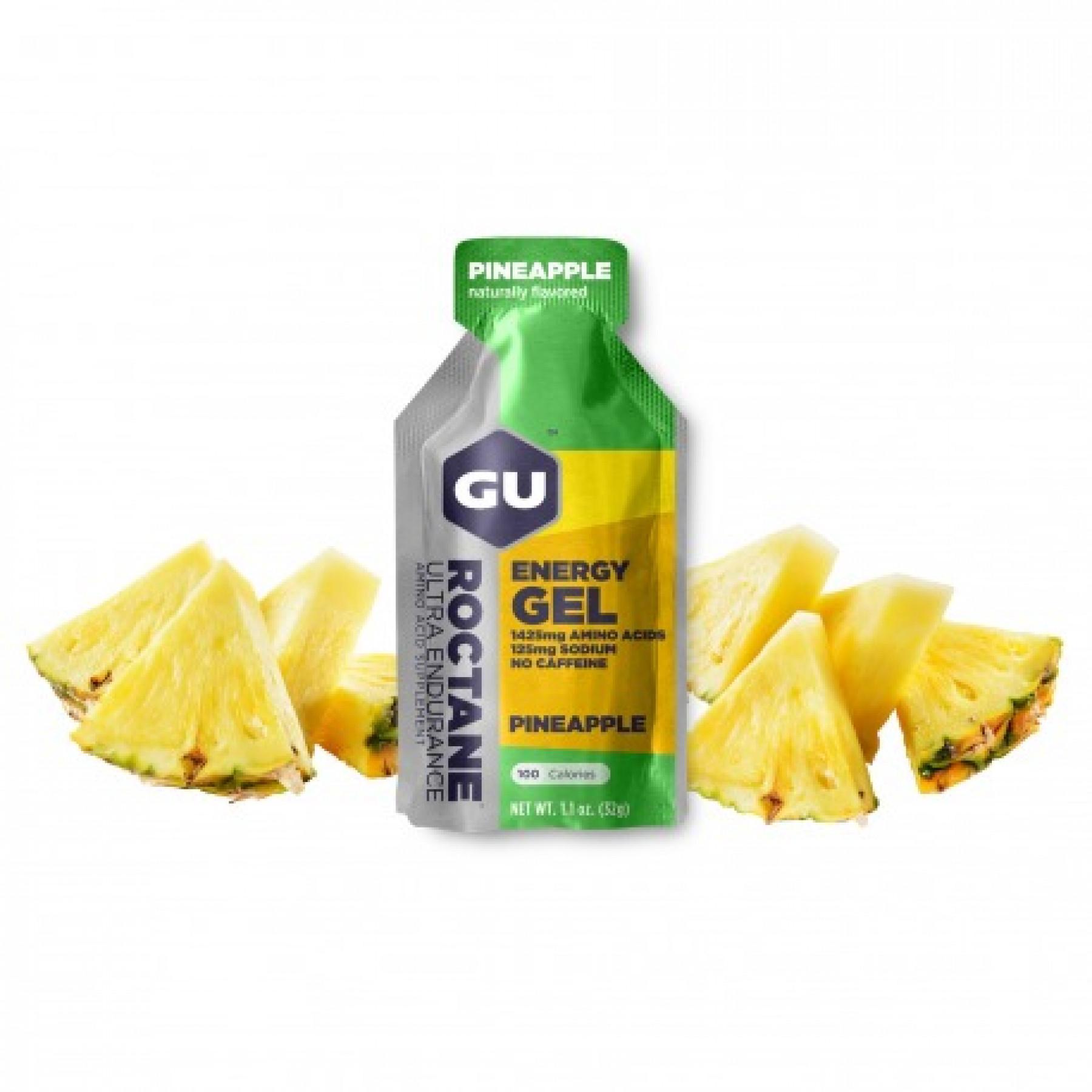 Förpackning med 24 roctane gels Gu Energy ananas sans caféine