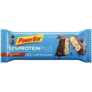 Förpackning med 20 bars PowerBar 52% ProteinPlus Low Sugar Chocolate Nut